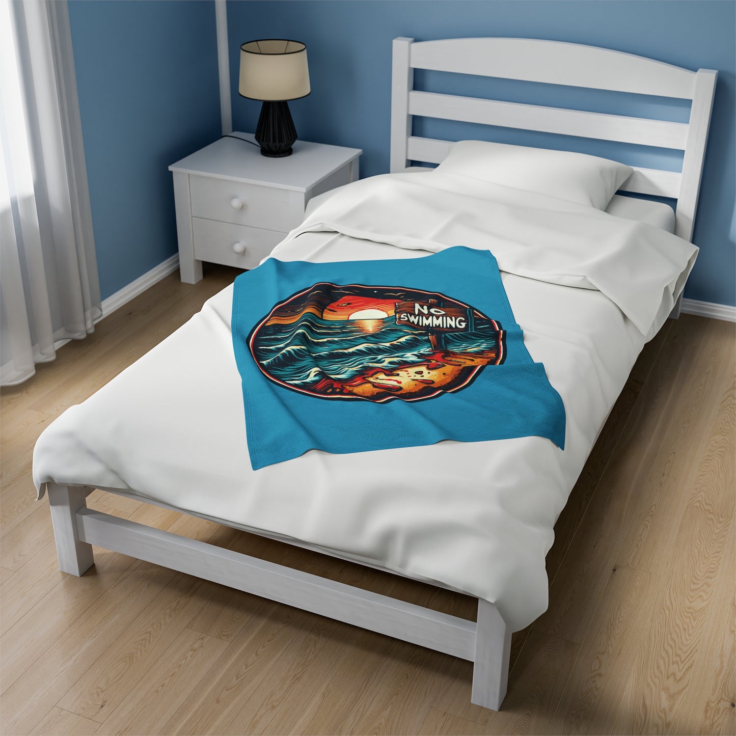 No Swimming Bloody Beach Horror Fun Velveteen Plush Throw Blanket Scary Ocean Shark Jaws