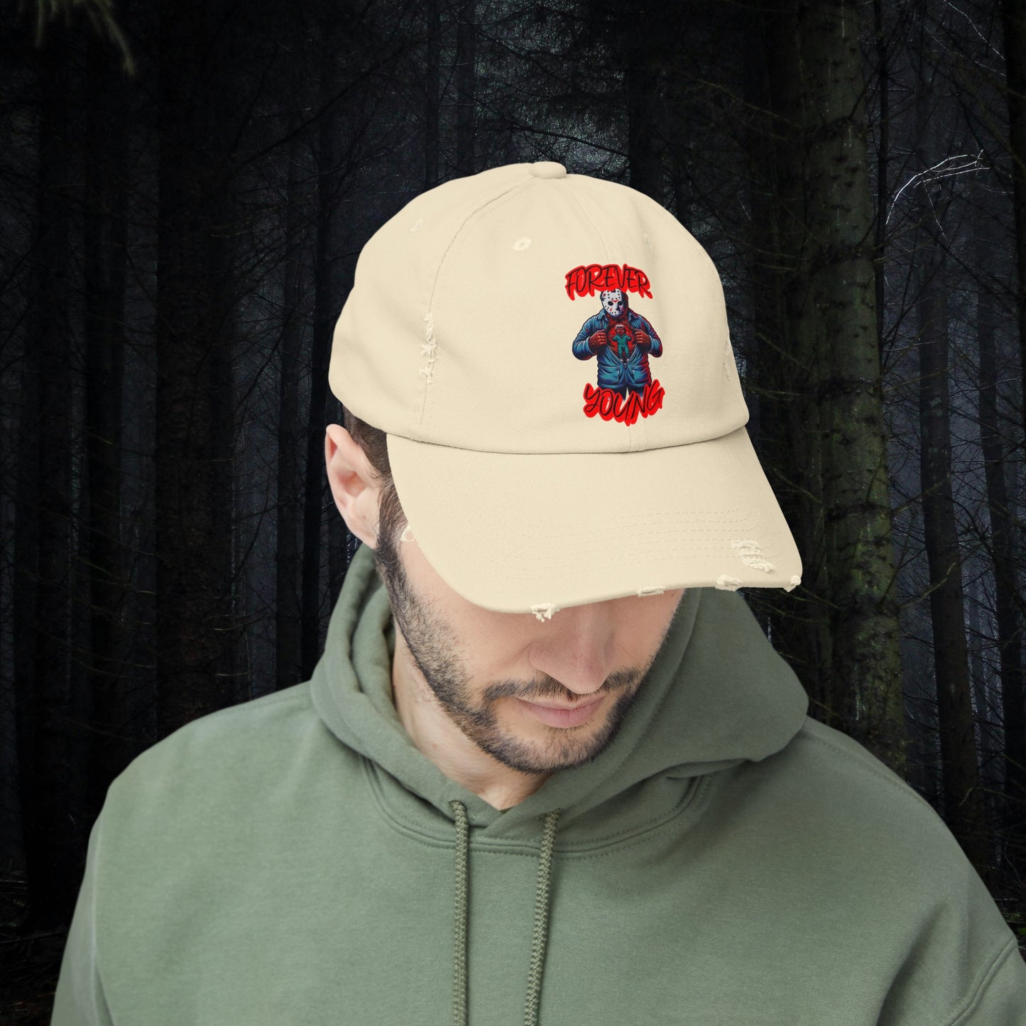 Forever Young Jason With The Mask On Voorhees Friday Horror Fun Unisex Distressed Cap Baseball Hat