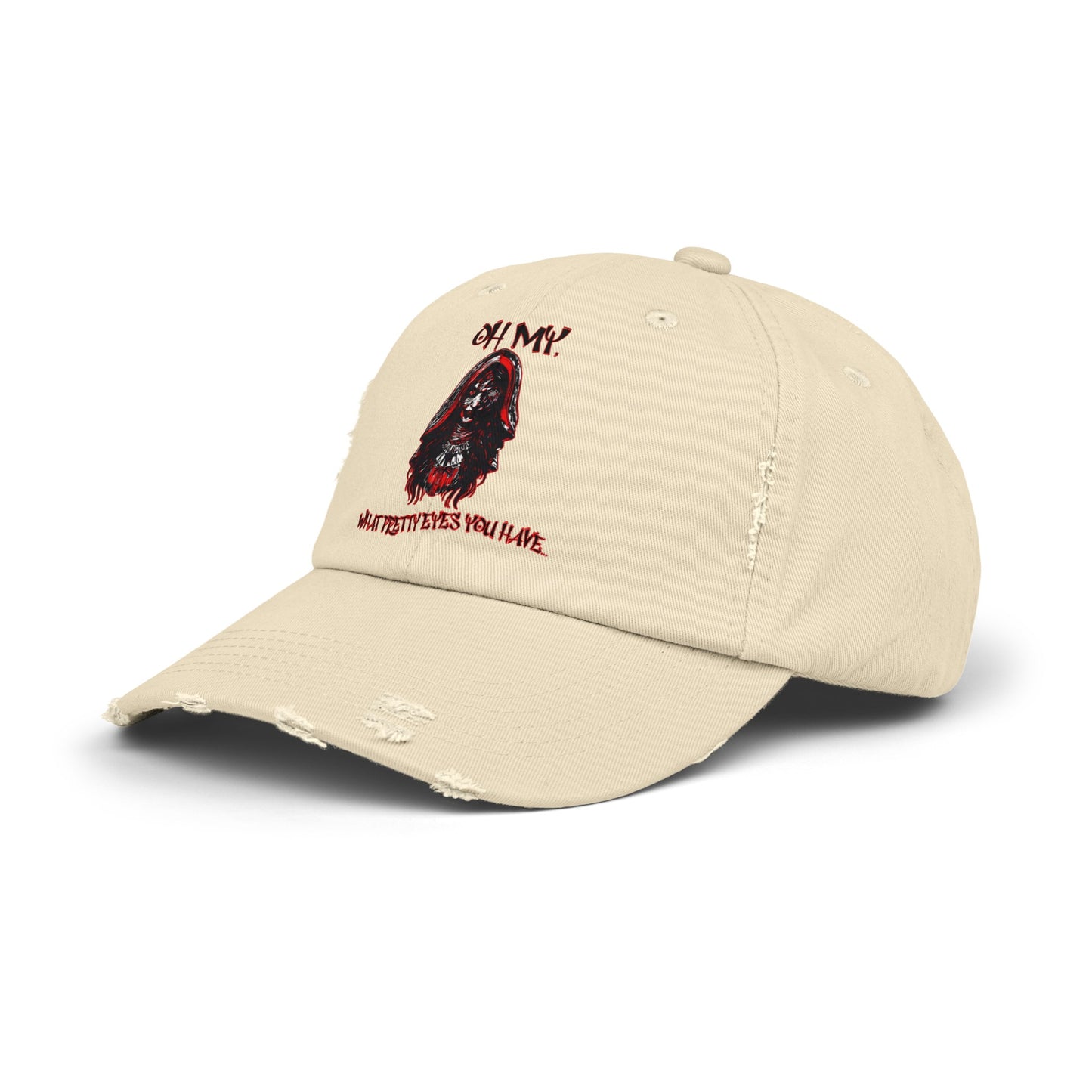 Creepy Little Red Riding Hood Inspired Scary Witch Oh My, What Pretty Eyes You Have Horror Hat Unisex Distressed Cap