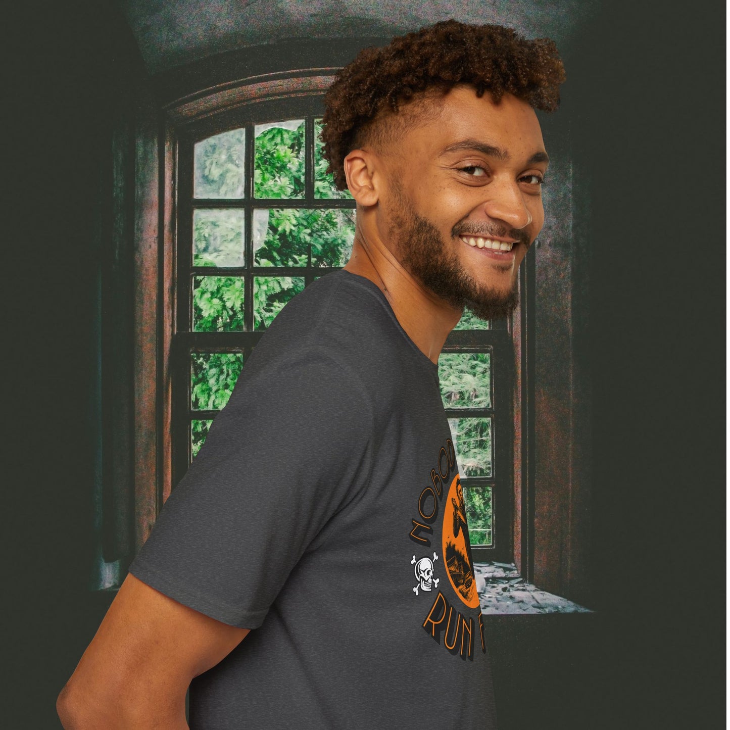 Nobody Cares Run Faster - Michael Running Myers on Halloween Horror Fun with Skulls Shirt - Unisex Softstyle T-Shirt