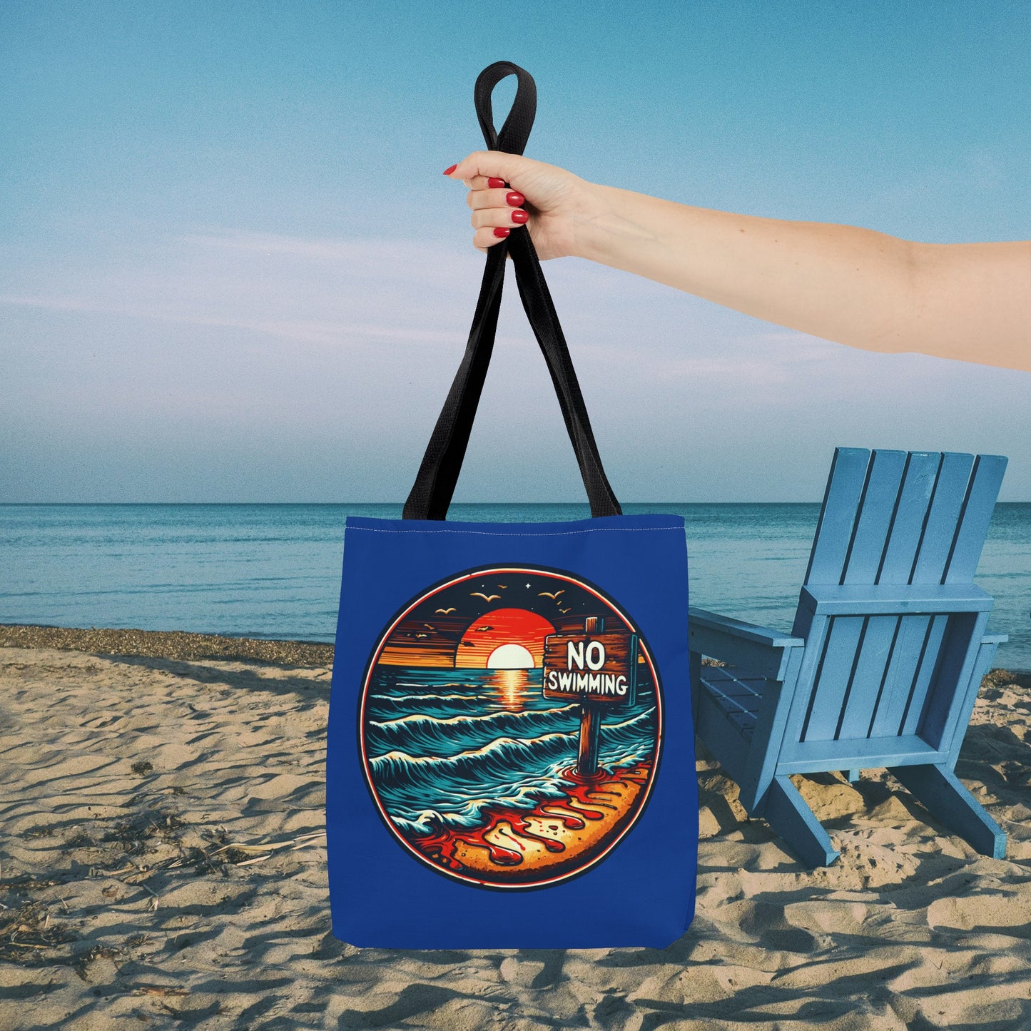 No Swimming Bloody Beach Tote Bag (AOP) Horror Fun Travel Swimming Vacation