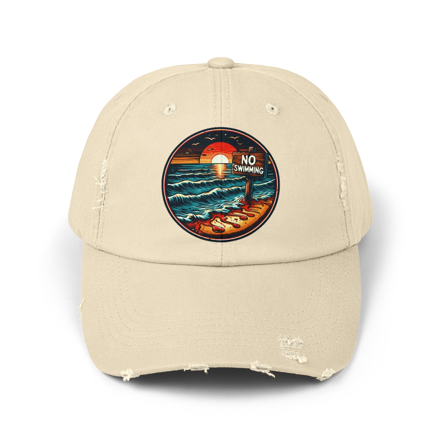 No Swimming Bloody Beach Unisex Distressed Cap Horror Fun Hat Dark Humor