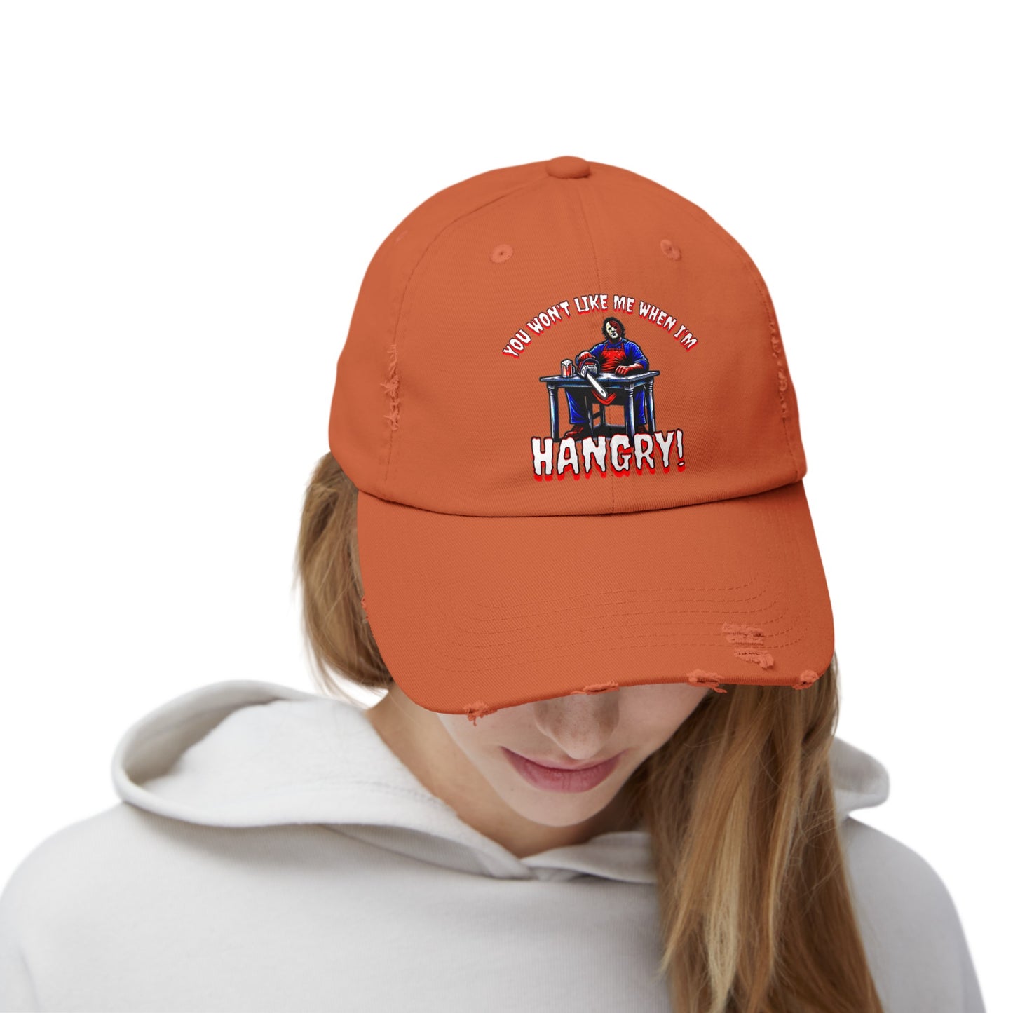 You Won't Like Me When I'm Hangry Leather Chainsaw Guy Cannibal Horror Fun Hat Unisex Distressed Cap