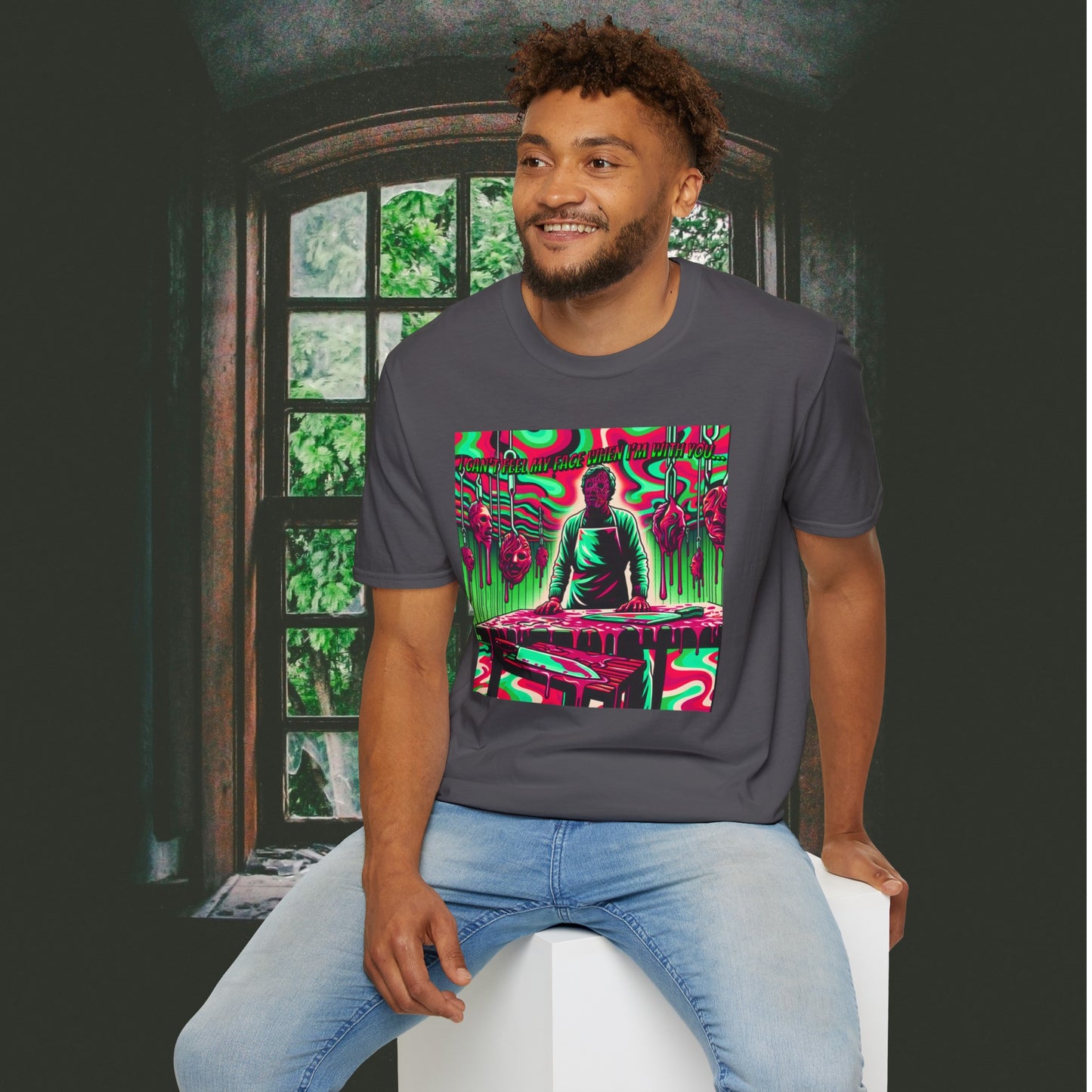 Horradelic I Can't Feel My Face When I'm With You Faceless Cannibal In Texas Slaughterhouse Horror Fun Unisex Softstyle T-Shirt