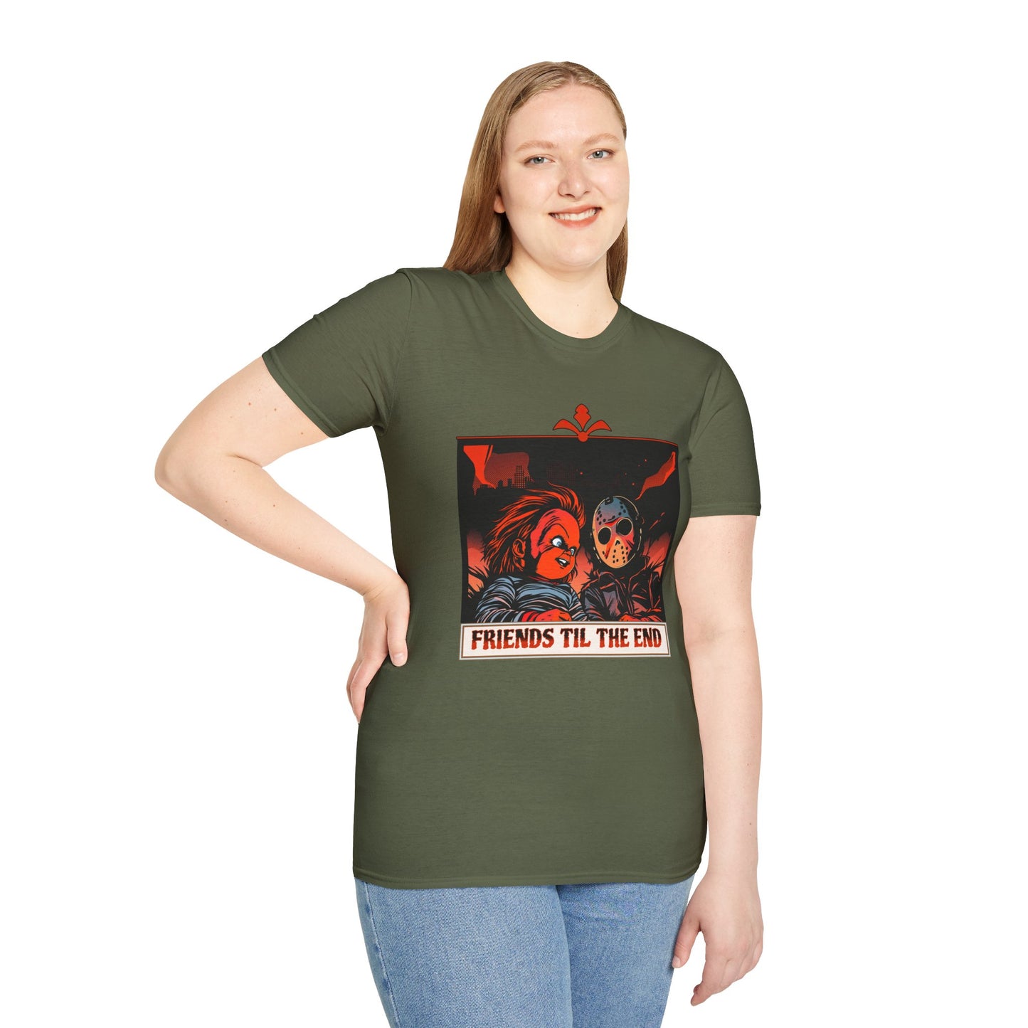 Friends 'Til the End Horror Movie T-Shirt Jason And Chucky Design