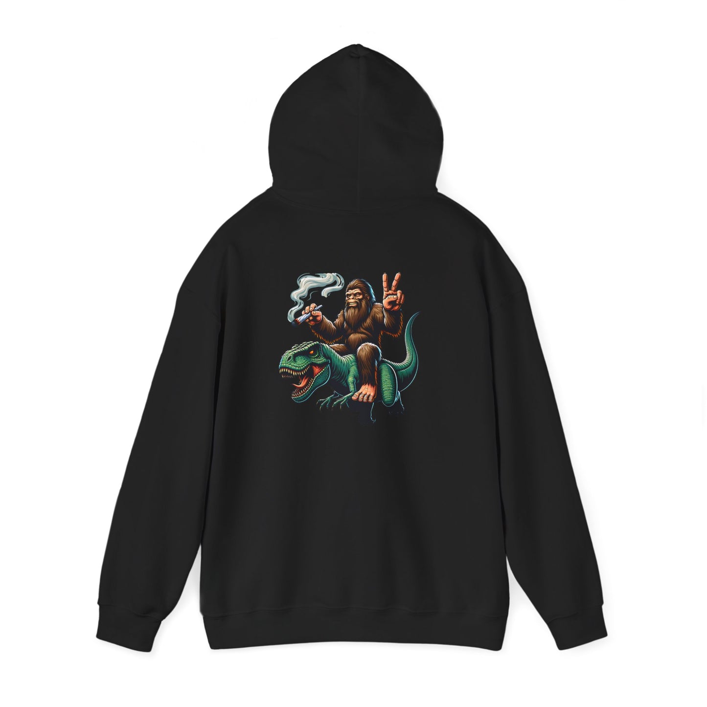 Bigfoot Riding Dinosaur Hoodie — Retro Smoking Sasquatch Graphic Sweatshirt