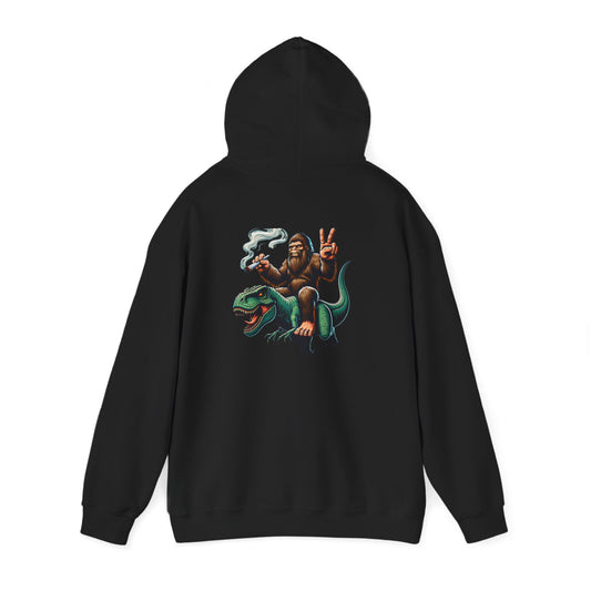 Bigfoot Riding Dinosaur Hoodie — Retro Smoking Sasquatch Graphic Sweatshirt