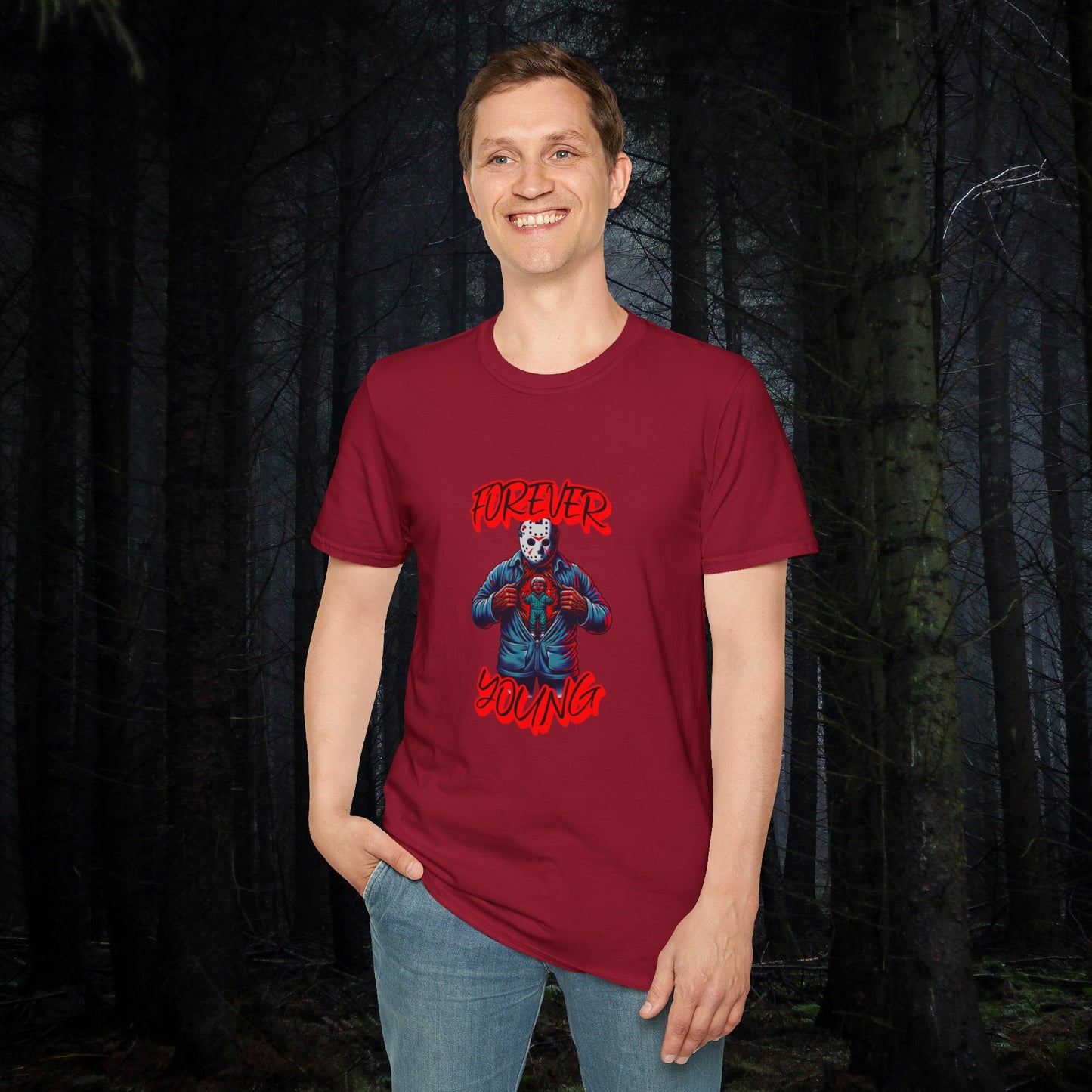 Horrorvational Forever Young Horror Fun Jason With The Mask On Voorhees Unisex Softstyle T-Shirt Friday Shirt