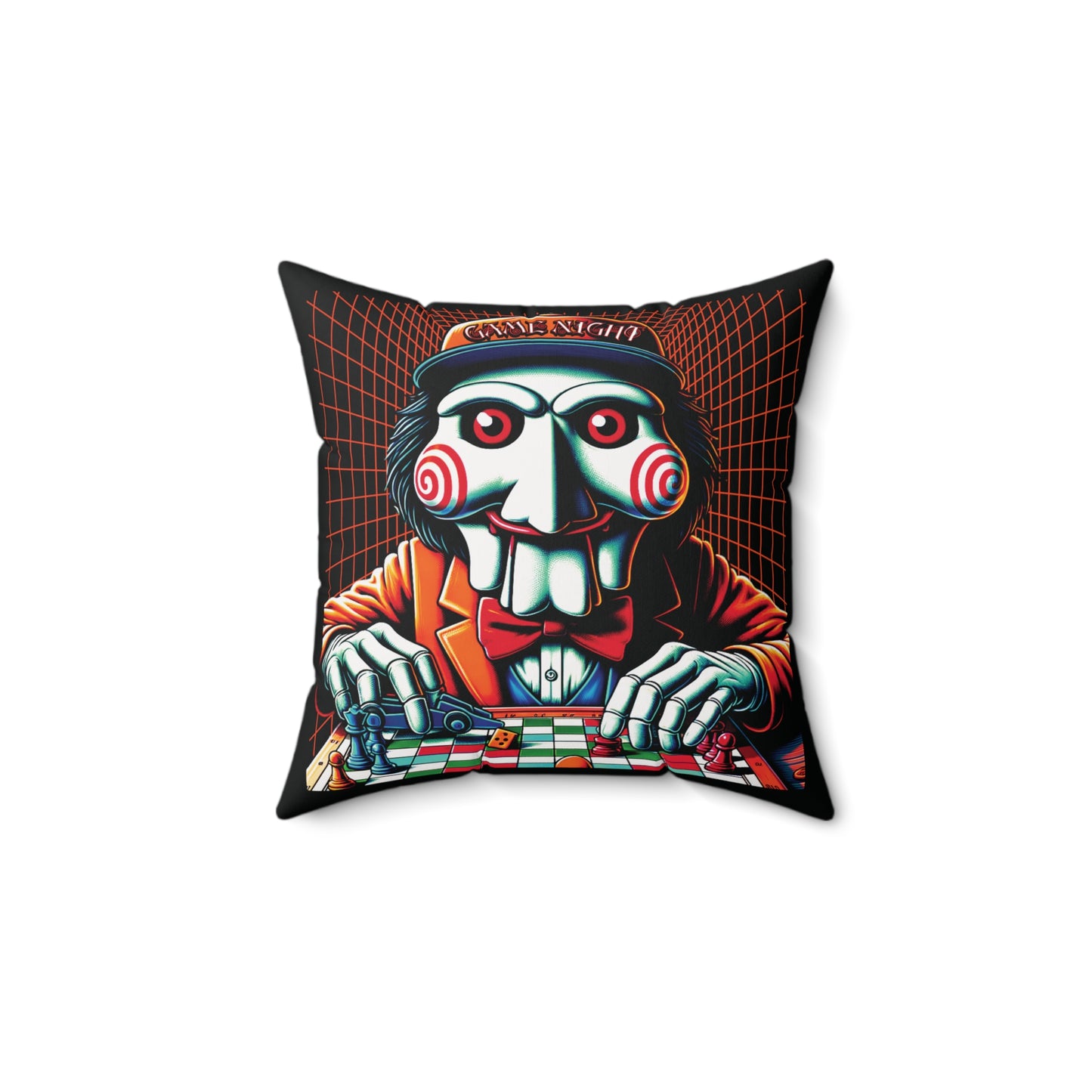 Billy The Puppet Wants To Have A Game Night Saw Inspired Horror Spun Polyester Square Accent Throw Pillow