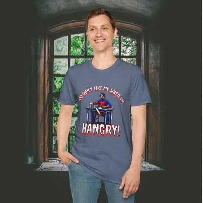 You Won't Like When I'm Hangry Unisex Softstyle T-Shirt Leather Chainsaw Guy Cannibal Horror Fun