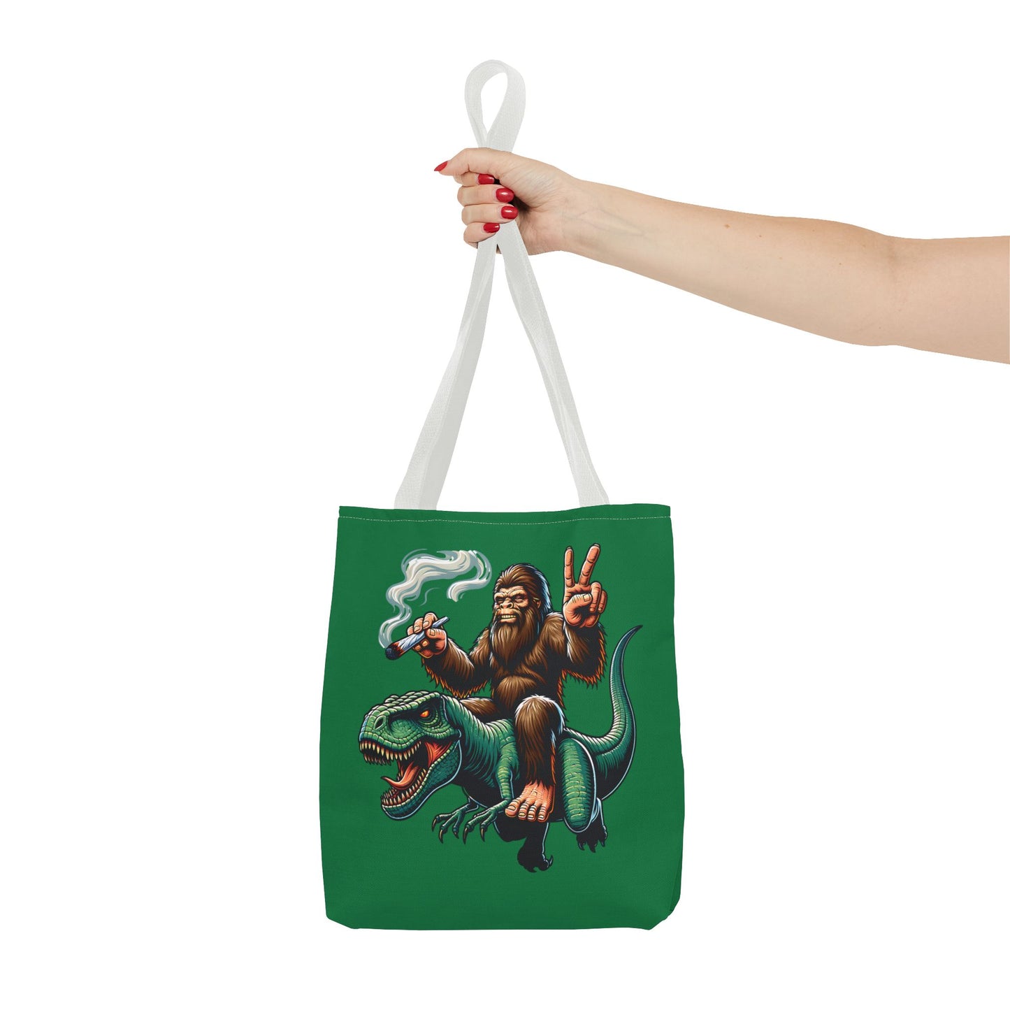 Tote Bag - Bigfoot Riding a T Rex Peace Sign 420 Design