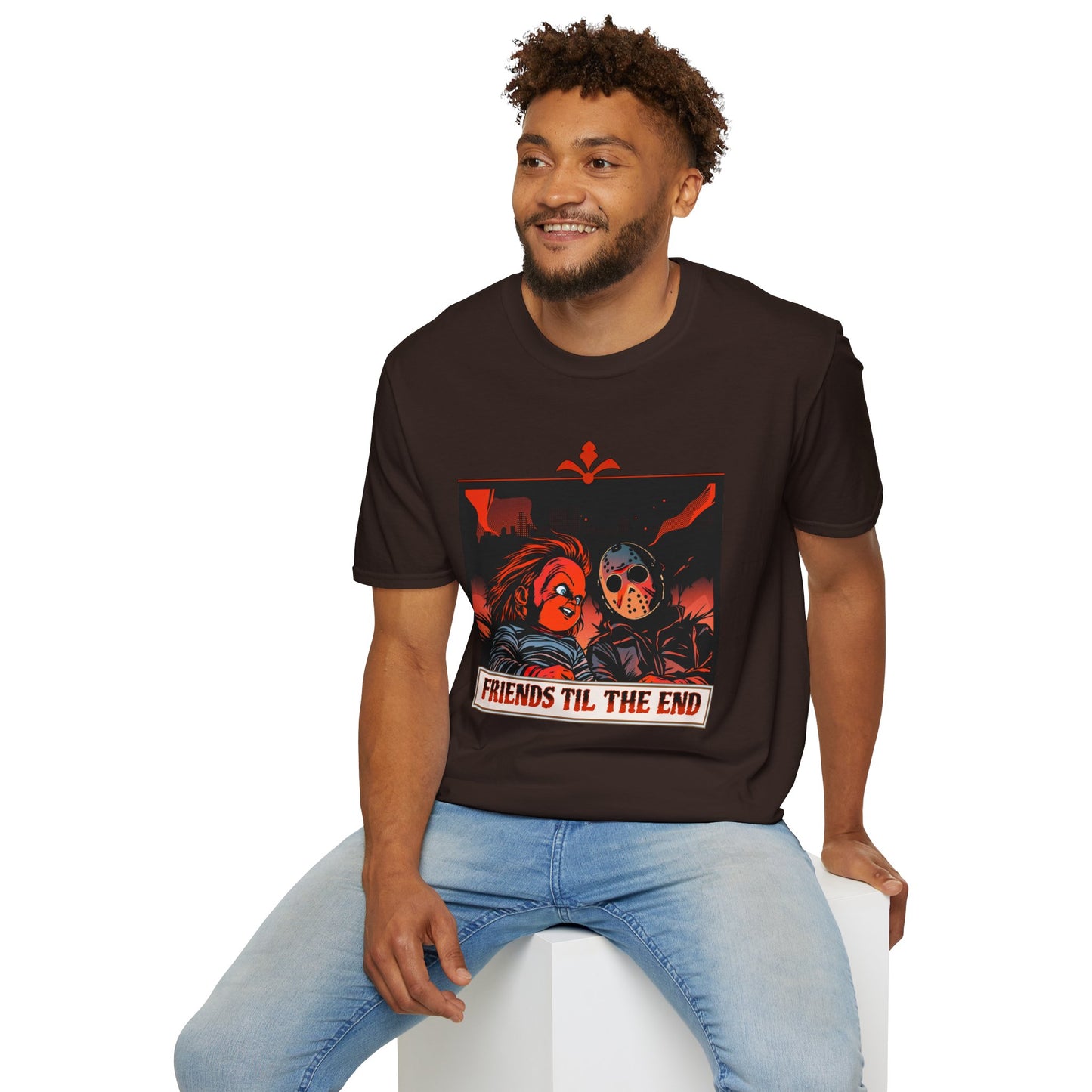 Friends 'Til the End Horror Movie T-Shirt Jason And Chucky Design