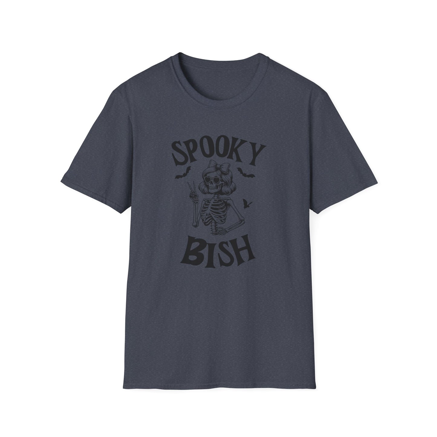 Spooky Bish Skeleton with Sunglasses and Peace Sign Gothic Horror Fun Unisex Softstyle T-Shirt