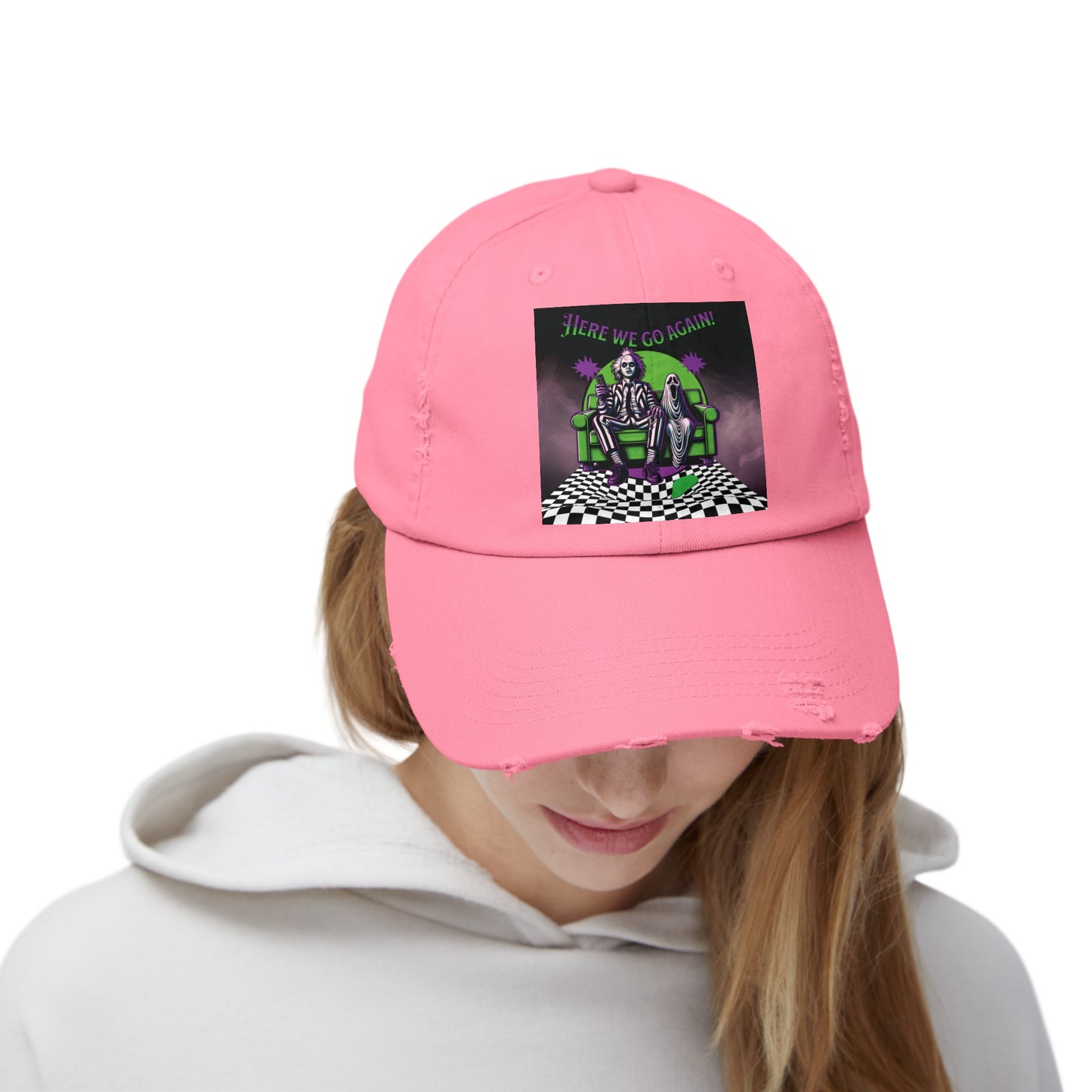 Beetlejuice 2 Inspired Here We Go Again Horror Fun Unisex Distressed Baseball Cap Hat