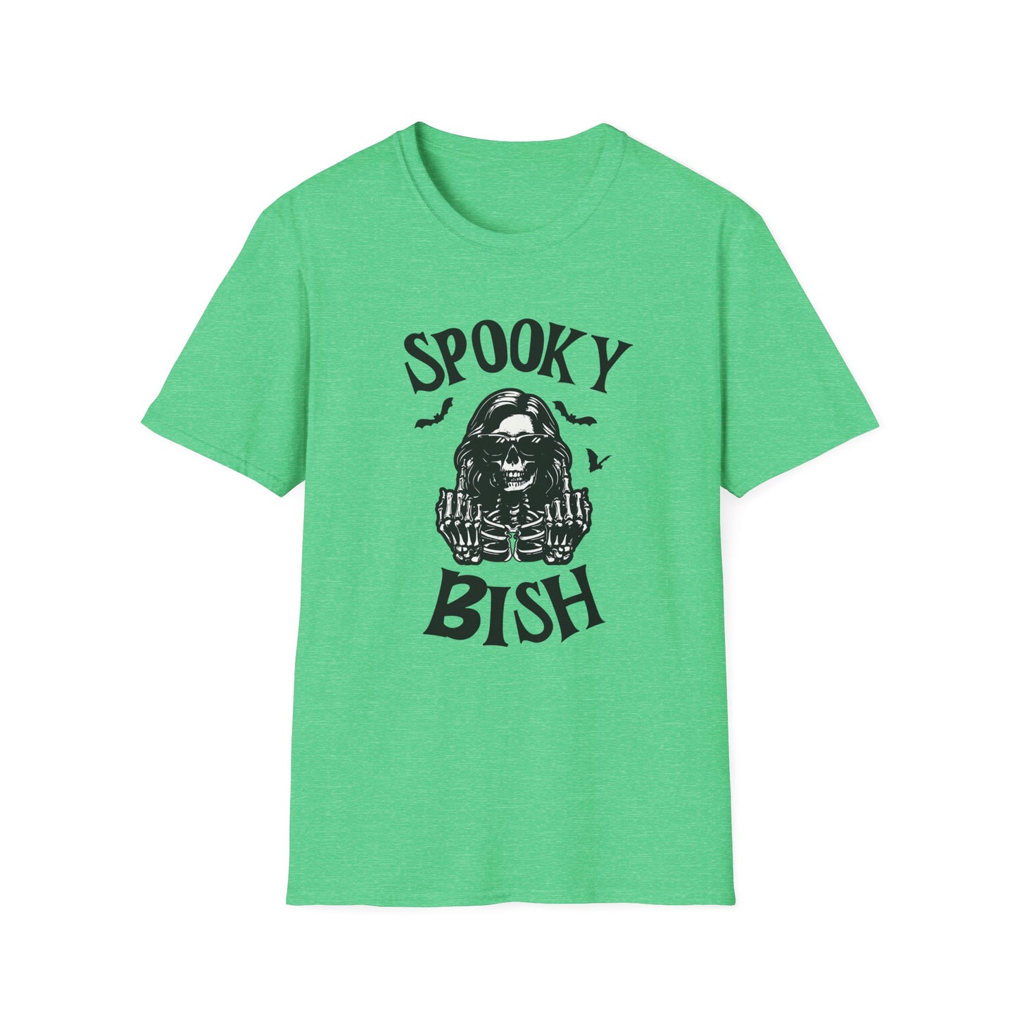 Spooky Bish Skeleton Sunglasses Giving Middle Fingers Gothic Horror Fun Unisex Softstyle T-Shirt