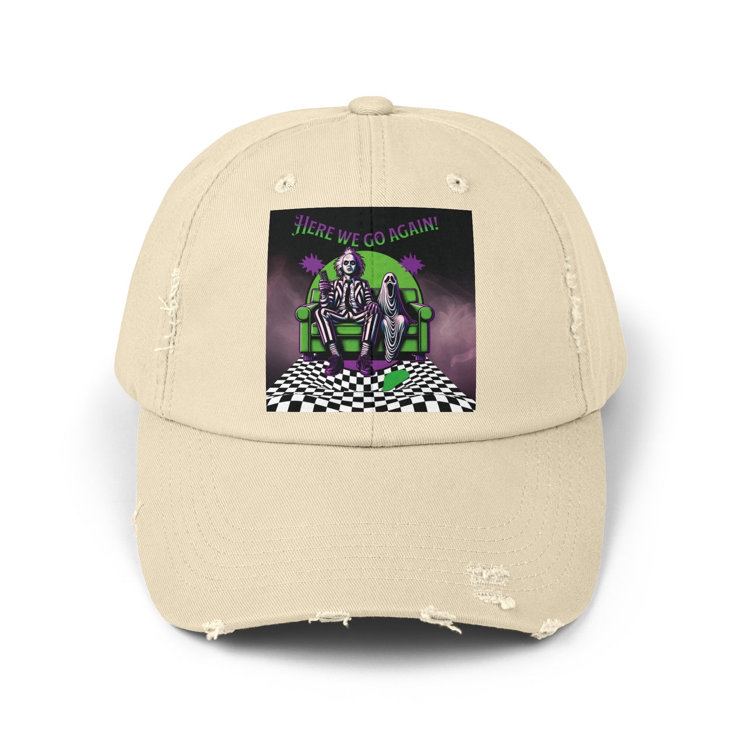 Beetlejuice 2 Inspired Here We Go Again Horror Fun Unisex Distressed Baseball Cap Hat