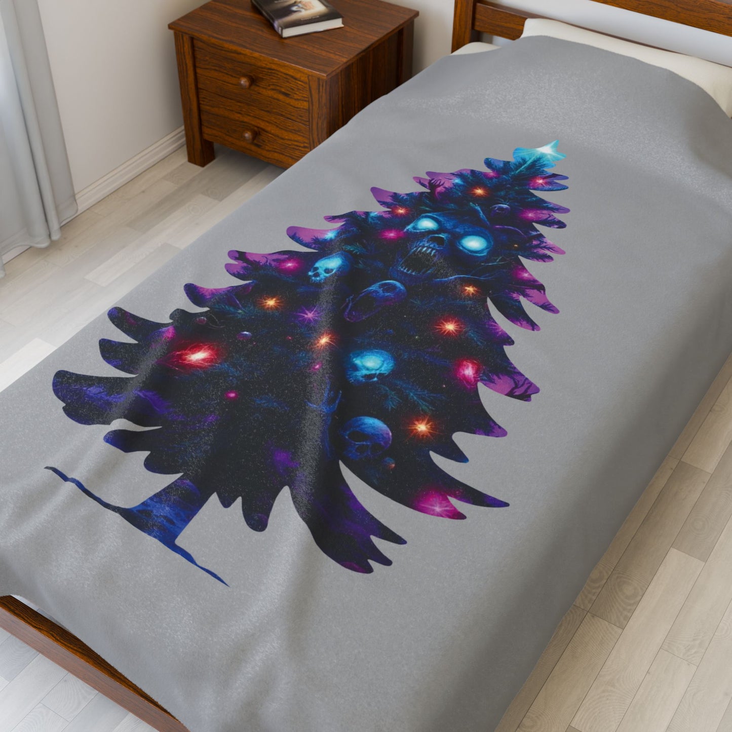 Gothic Neon Skull Christmas Tree Plush Blanket