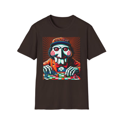 Game Night Billy Wearing A Hat The Puppet Playing a Game Horror Fun Unisex Softstyle T-Shirt Gamer Shirt