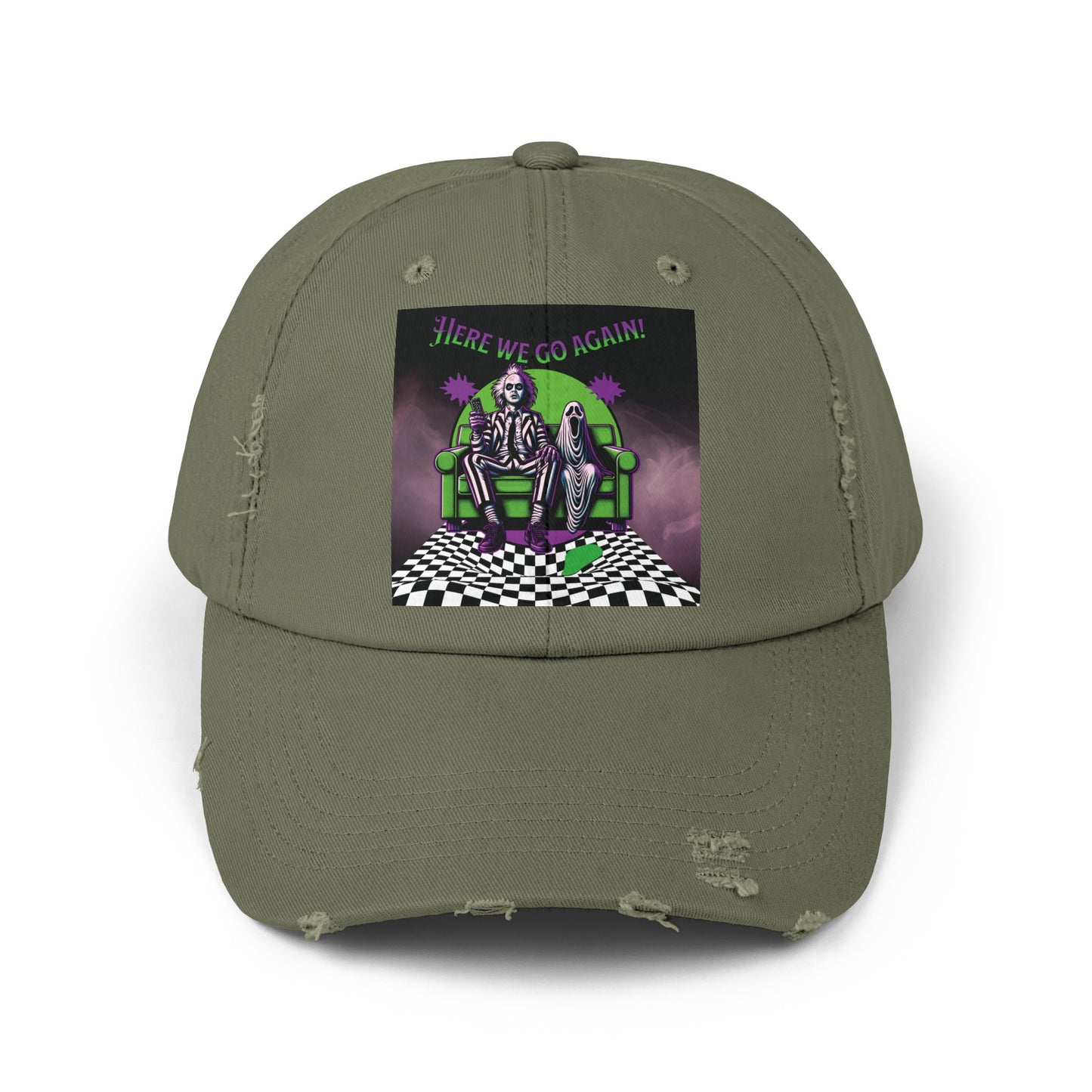 Beetlejuice 2 Inspired Here We Go Again Horror Fun Unisex Distressed Baseball Cap Hat