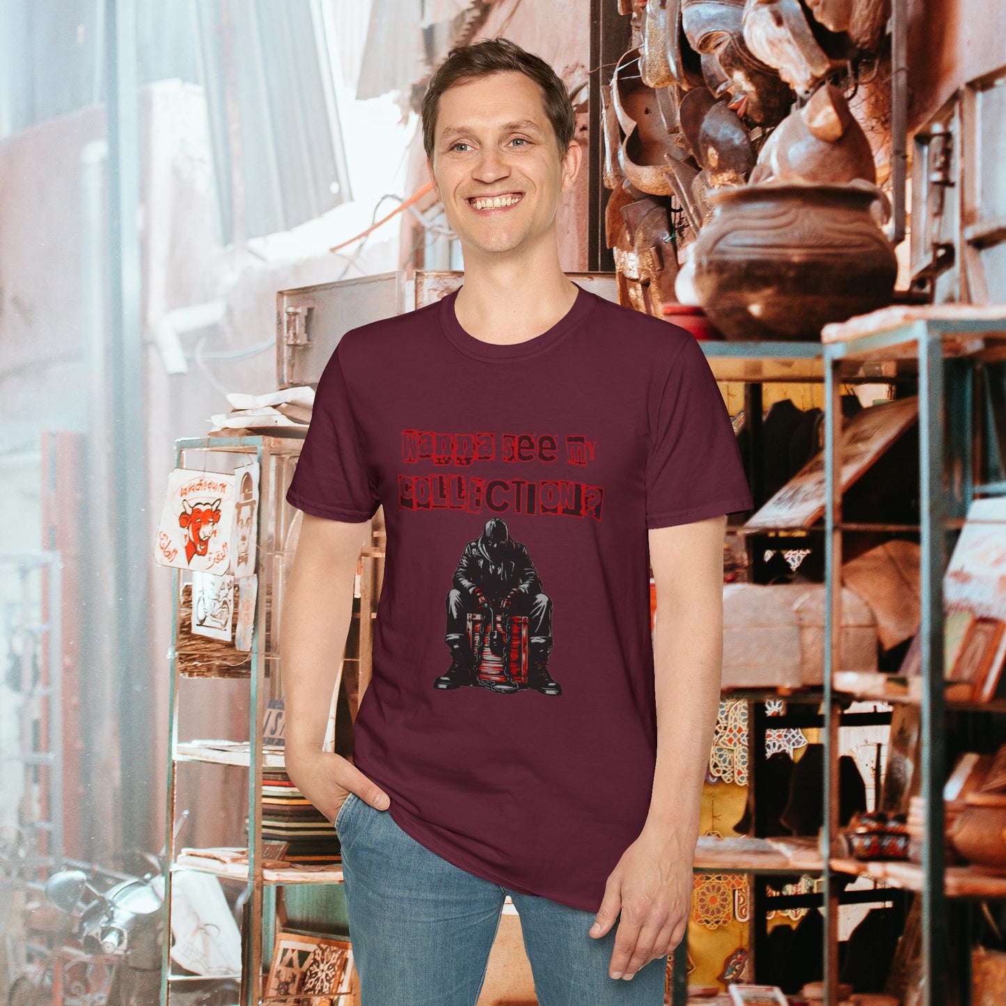 The Horror Collector Want To See My Collection? Unisex Softstyle T-Shirt Scary Toy Fun Shirt Dark Humor