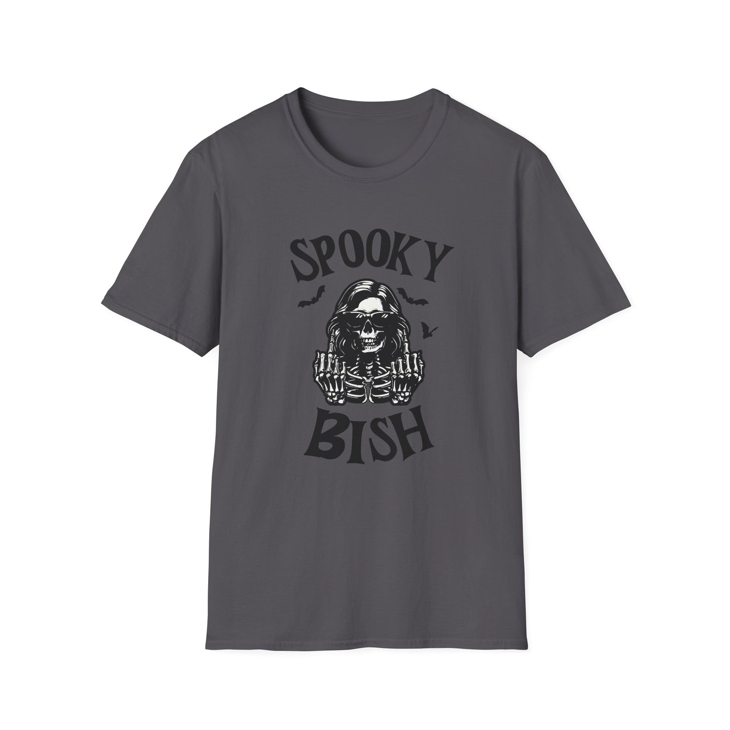 Spooky Bish Skeleton Sunglasses Giving Middle Fingers Gothic Horror Fun Unisex Softstyle T-Shirt