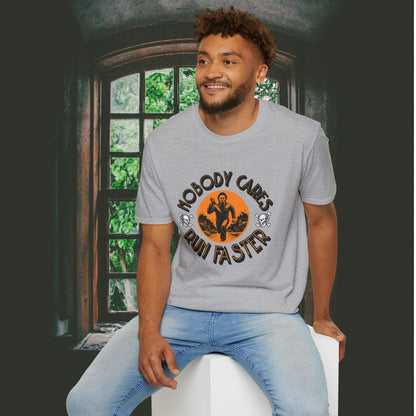 Nobody Cares Run Faster - Michael Running Myers on Halloween Horror Fun with Skulls Shirt - Unisex Softstyle T-Shirt