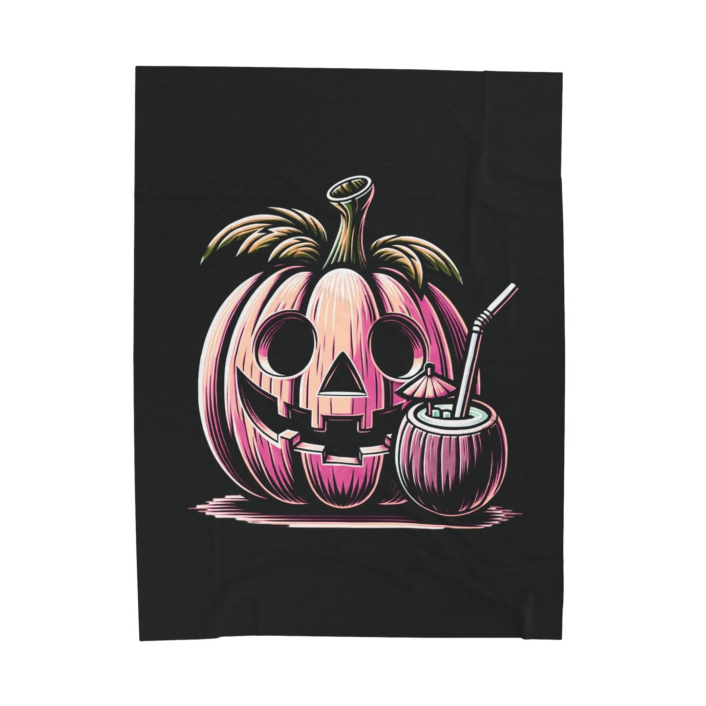 Summerween Pumpkin With A Drink And A Smile Velveteen Plush Throw Blanket