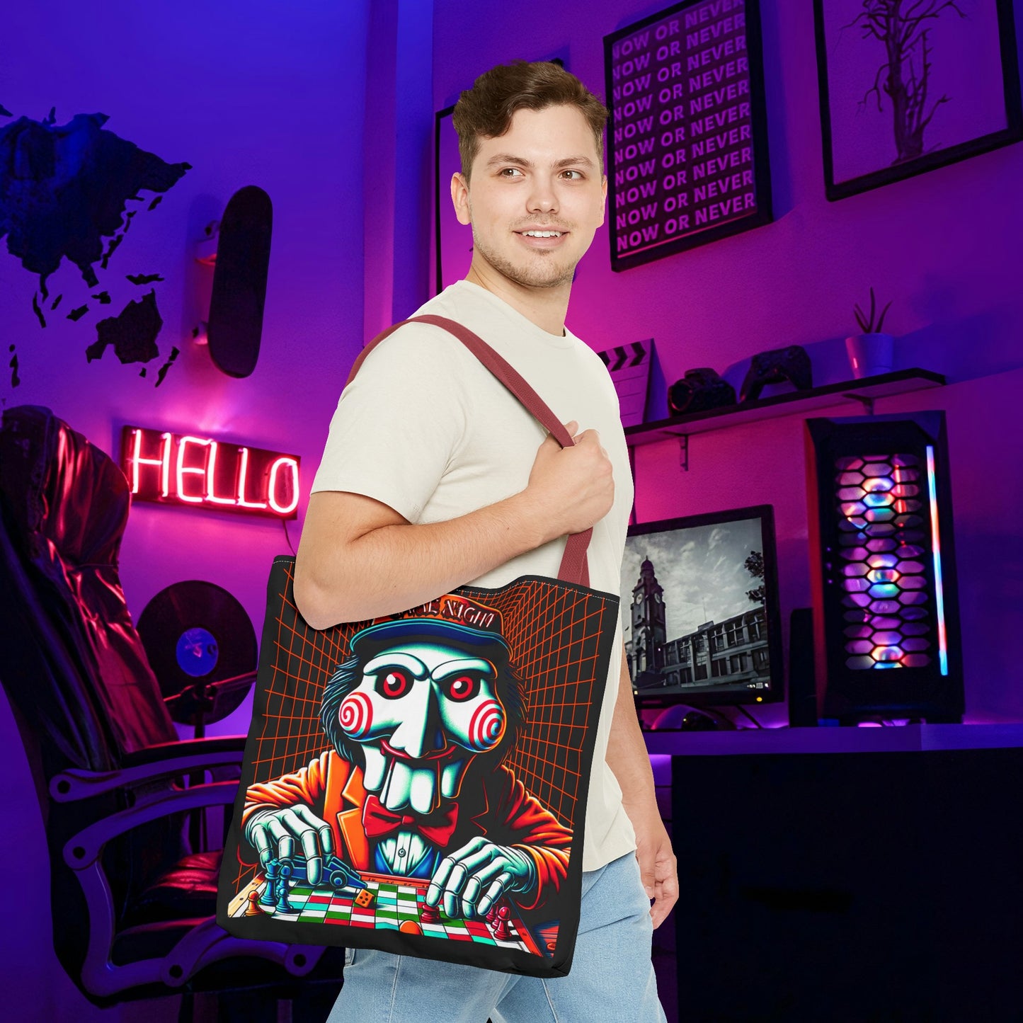 Game Night Billy Wearing A Hat The Puppet Playing Lunch Beach Gamer Carry Tote Bag (AOP) Horror Fun