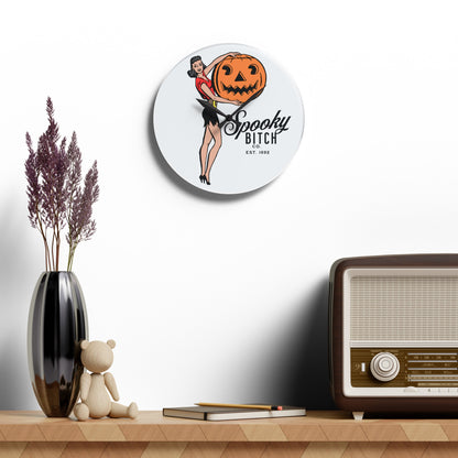 Spooky B!tch Co Est 1692 50's Style Woman Holding Pumpkin Halloween Gothic Fun Witch Acrylic Wall Clock Multiple styles