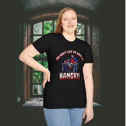 You Won't Like When I'm Hangry Unisex Softstyle T-Shirt Leather Chainsaw Guy Cannibal Horror Fun