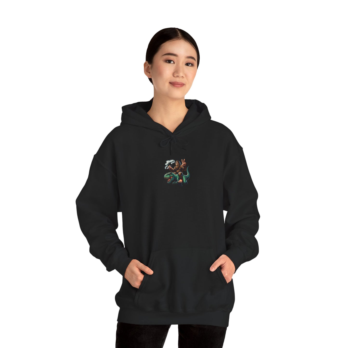 Bigfoot Riding Dinosaur Hoodie — Retro Smoking Sasquatch Graphic Sweatshirt
