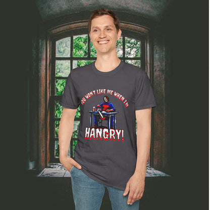 You Won't Like When I'm Hangry Unisex Softstyle T-Shirt Leather Chainsaw Guy Cannibal Horror Fun