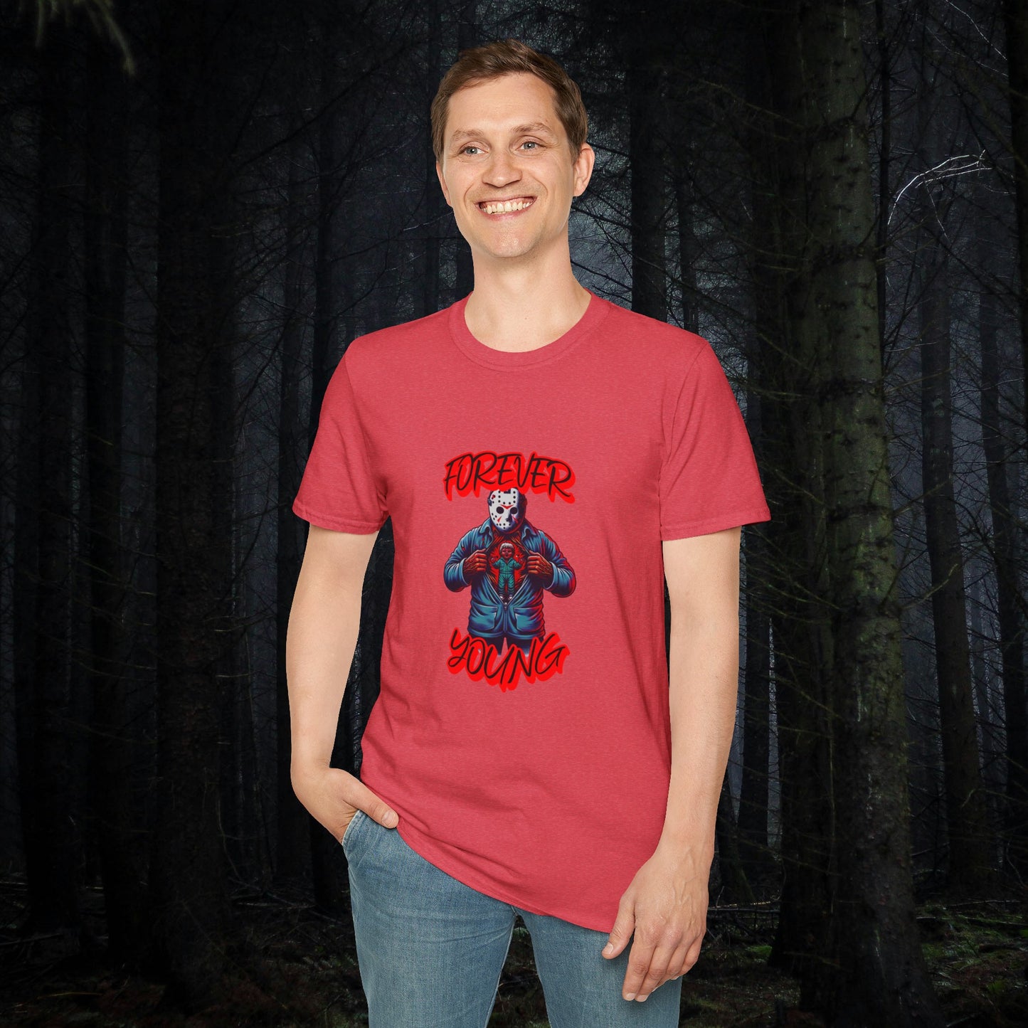 Horrorvational Forever Young Horror Fun Jason With The Mask On Voorhees Unisex Softstyle T-Shirt Friday Shirt