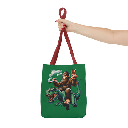 Tote Bag - Bigfoot Riding a T Rex Peace Sign 420 Design