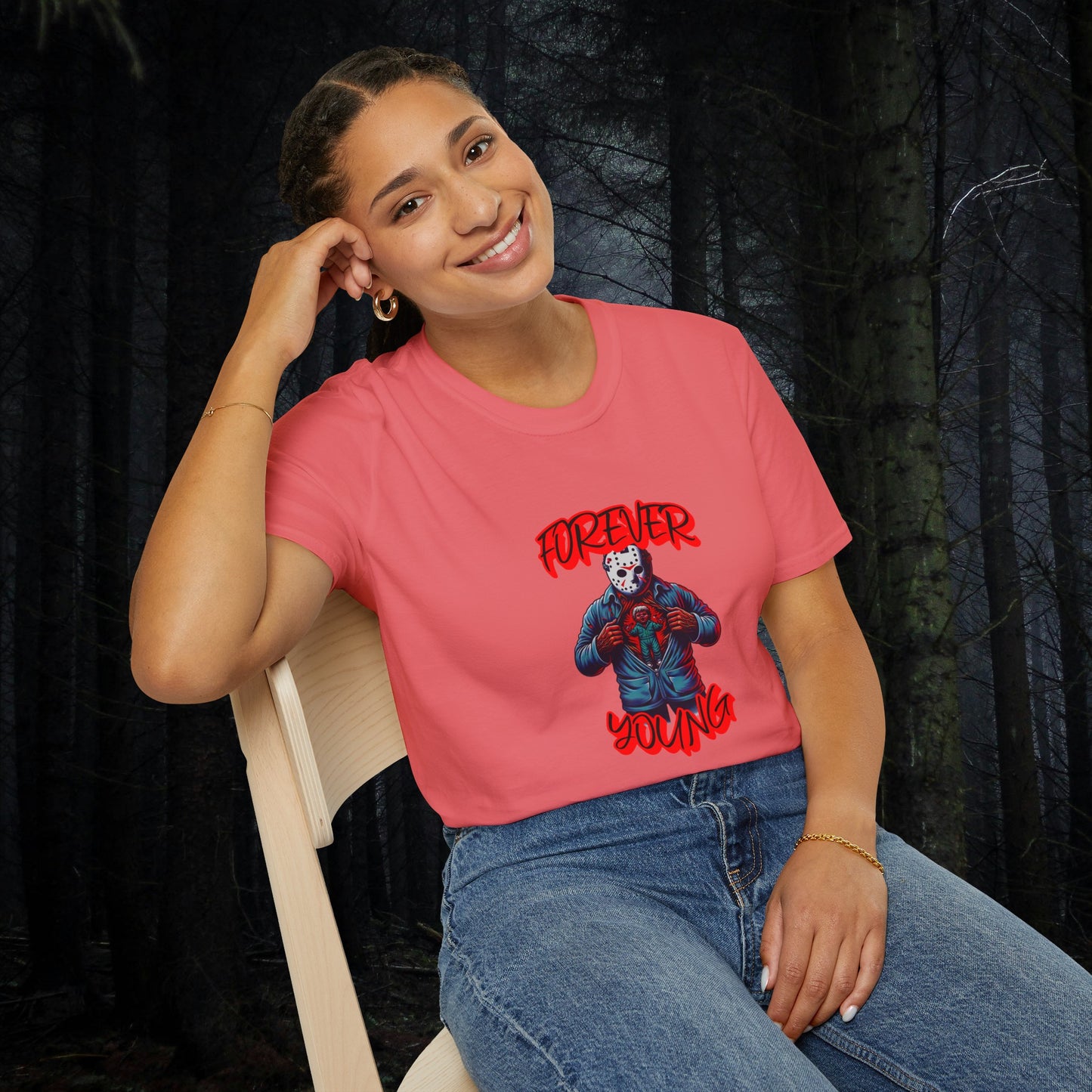 Horrorvational Forever Young Horror Fun Jason With The Mask On Voorhees Unisex Softstyle T-Shirt Friday Shirt