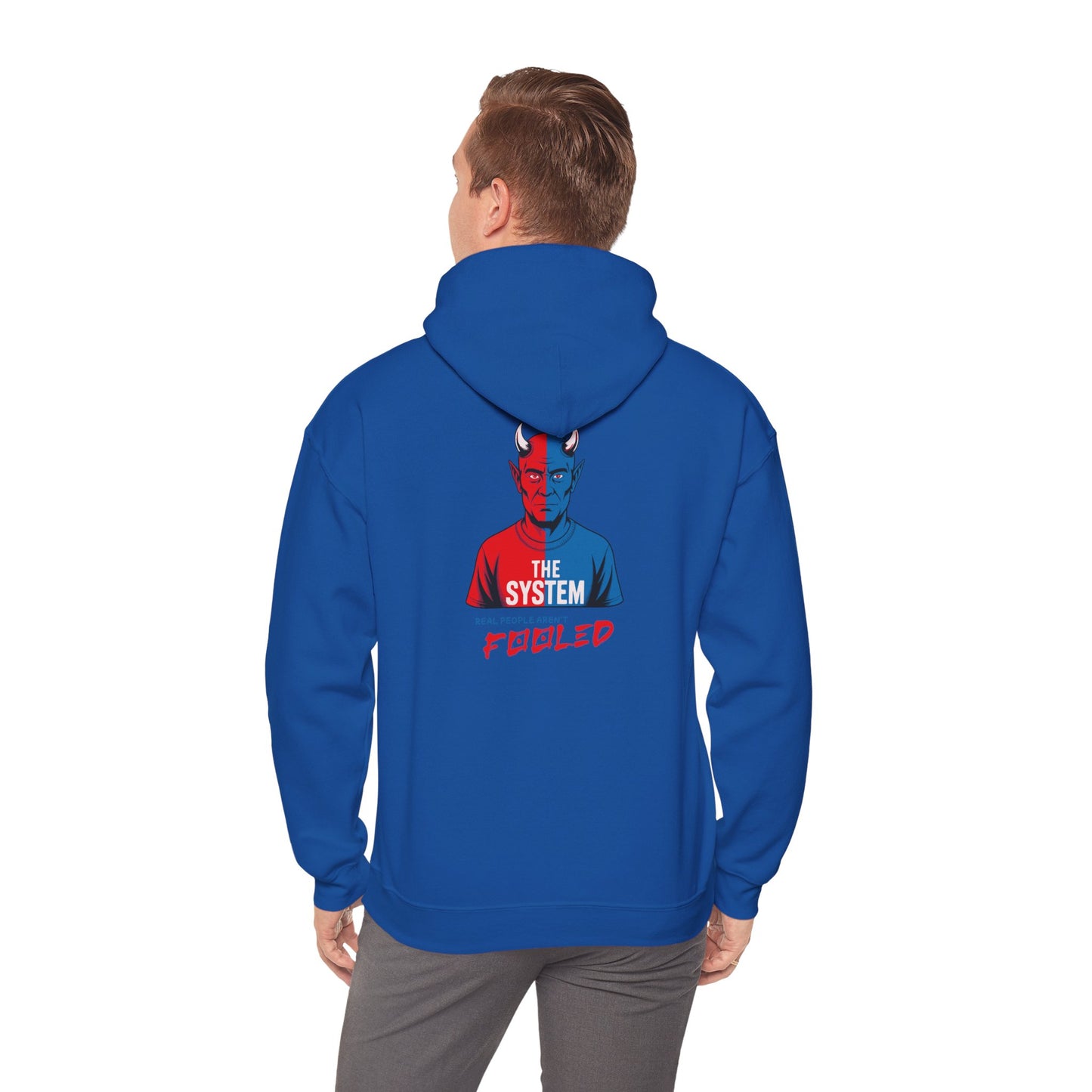 Hooded Sweatshirt - The System - Real People Arent Fooled Red Blue Design