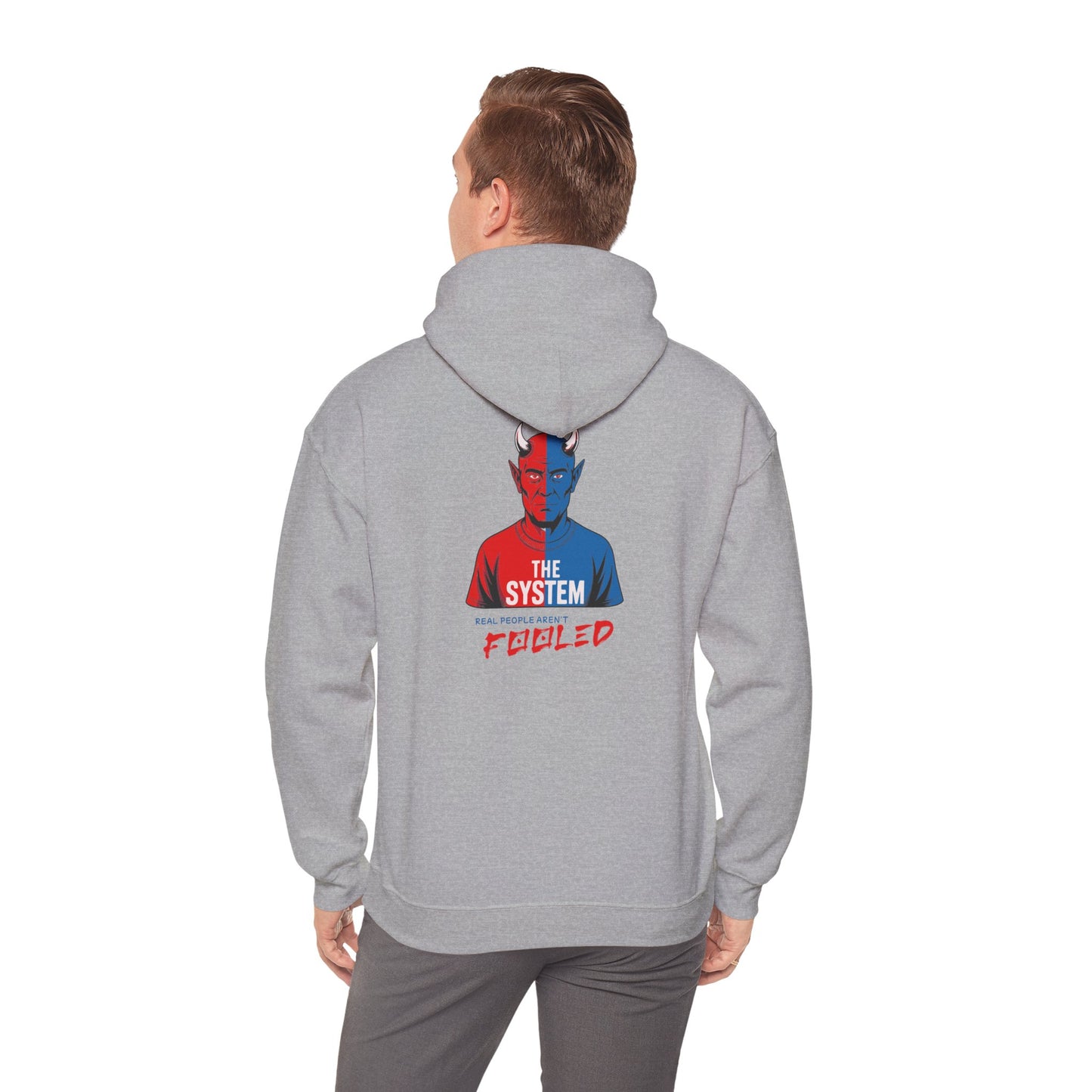 Hooded Sweatshirt - The System - Real People Arent Fooled Red Blue Design
