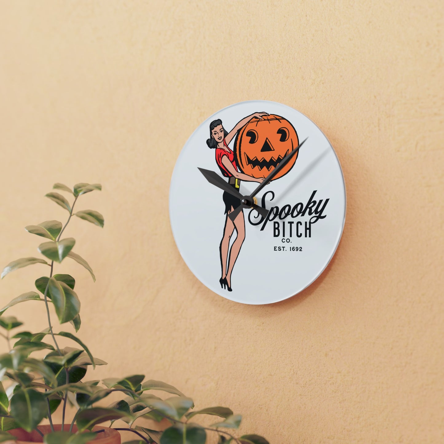 Spooky B!tch Co Est 1692 50's Style Woman Holding Pumpkin Halloween Gothic Fun Witch Acrylic Wall Clock Multiple styles