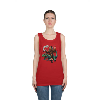 Bigfoot Riding T Rex Tank Top - 420 Peace Sign Design