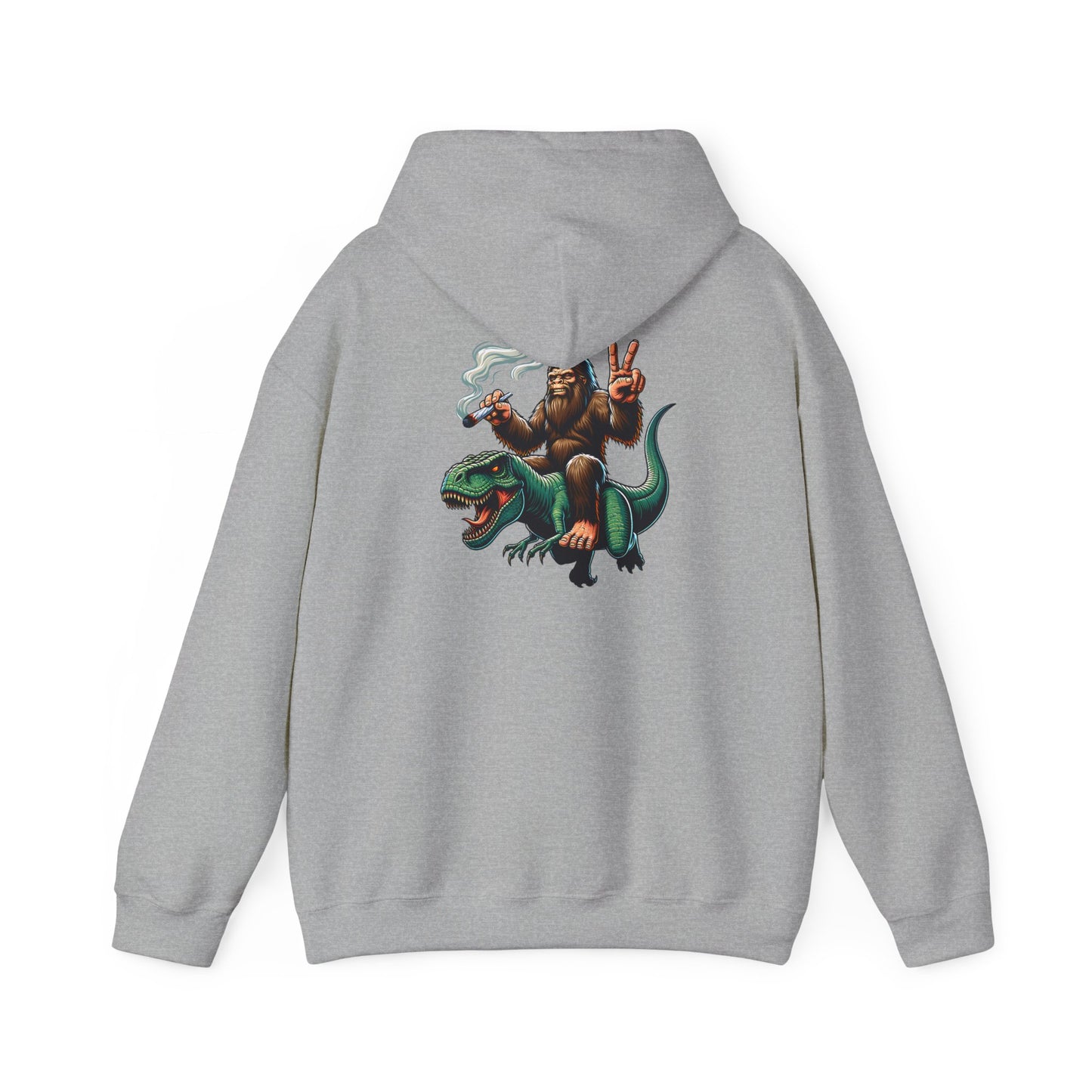 Bigfoot Riding Dinosaur Hoodie — Retro Smoking Sasquatch Graphic Sweatshirt