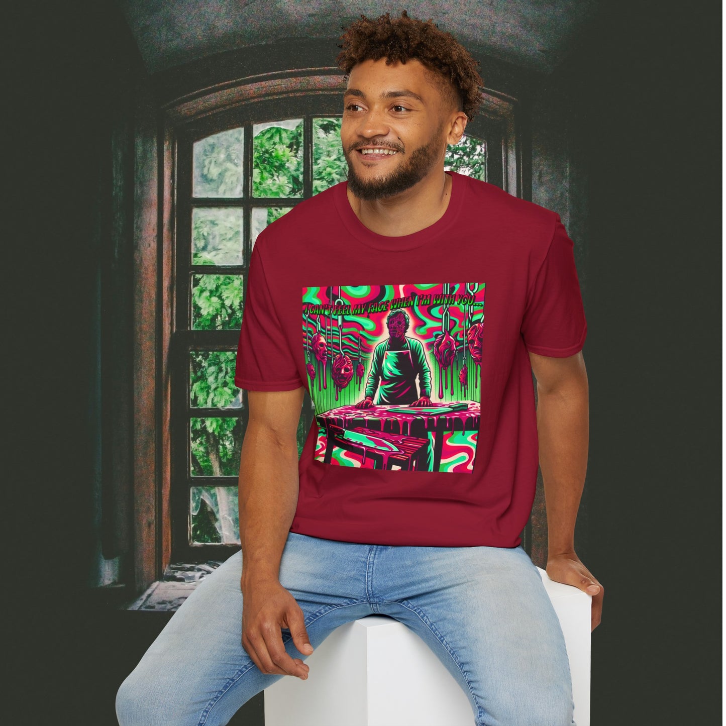 Horradelic I Can't Feel My Face When I'm With You Faceless Cannibal In Texas Slaughterhouse Horror Fun Unisex Softstyle T-Shirt