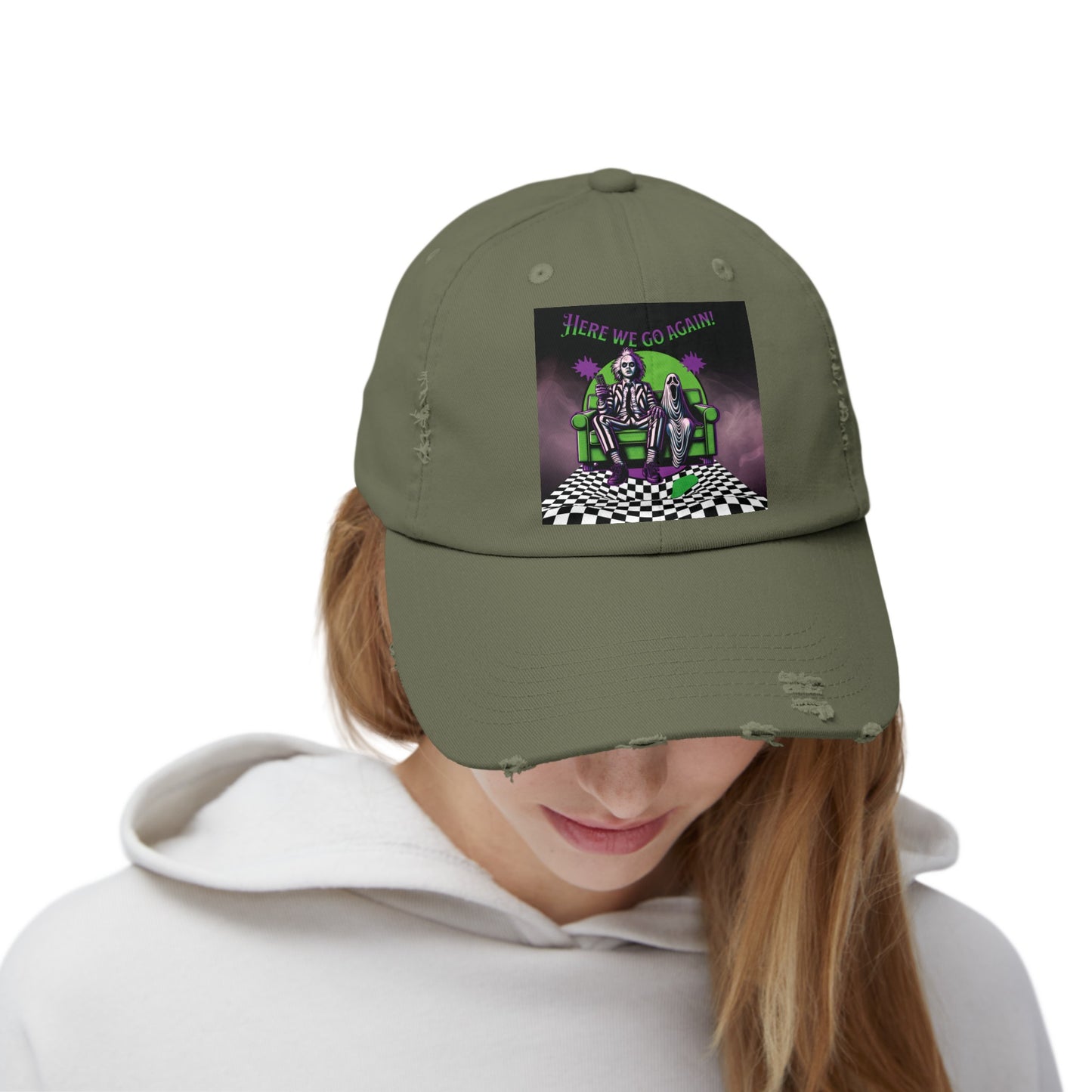 Beetlejuice 2 Inspired Here We Go Again Horror Fun Unisex Distressed Baseball Cap Hat