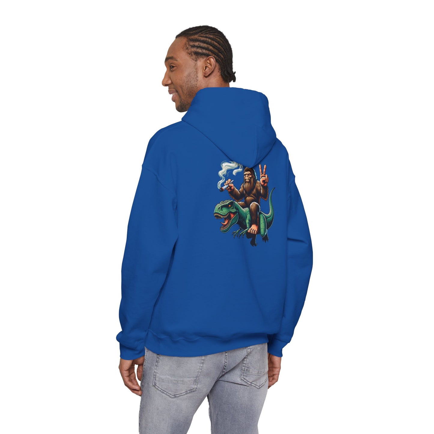 Bigfoot Riding Dinosaur Hoodie — Retro Smoking Sasquatch Graphic Sweatshirt
