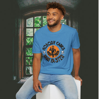 Nobody Cares Run Faster - Michael Running Myers on Halloween Horror Fun with Skulls Shirt - Unisex Softstyle T-Shirt