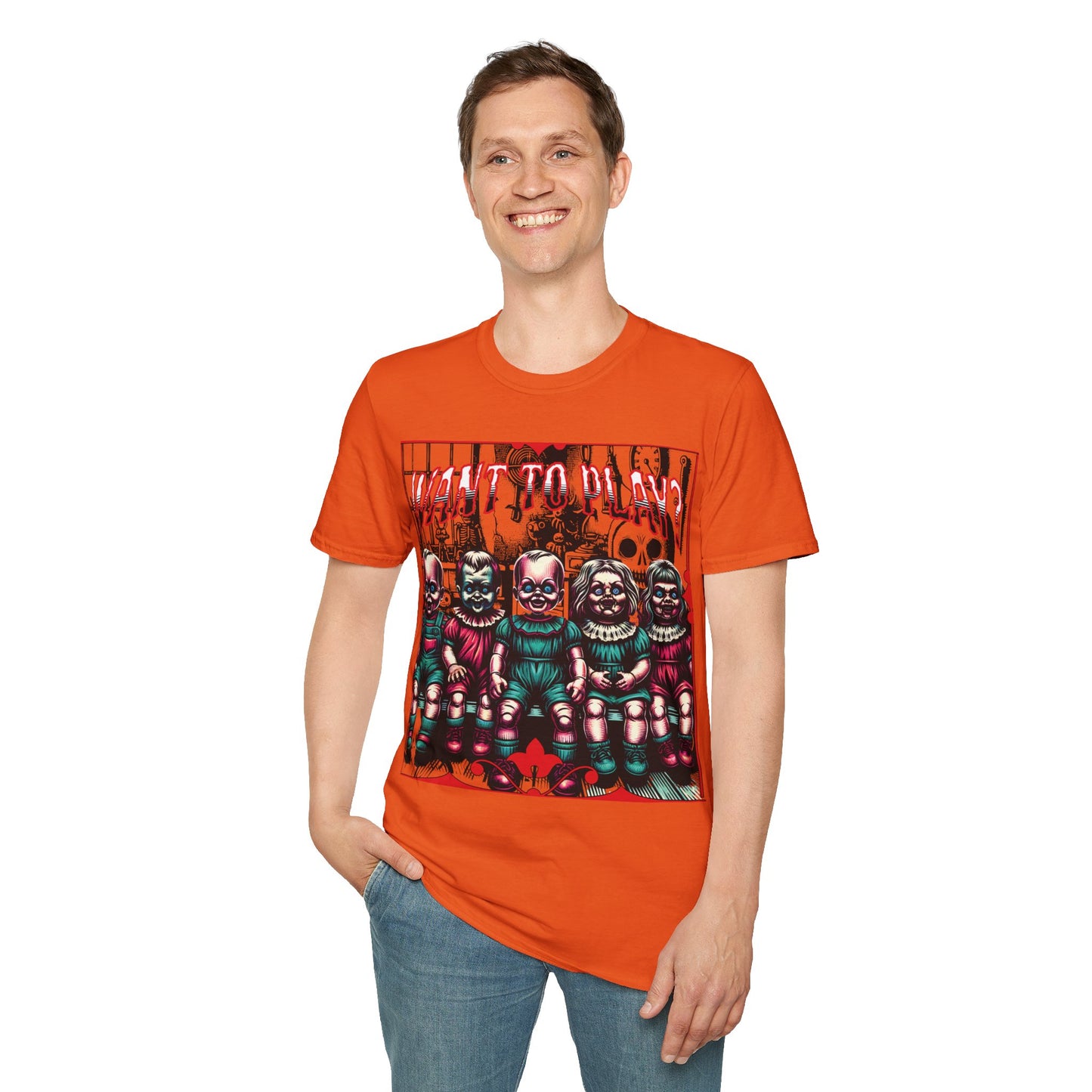 Creepy Dolls Toy Room Want To Play? Horror Fun Unisex Soft style T Shirt Men Women