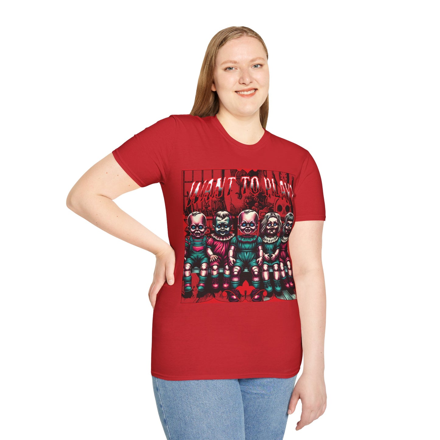 Creepy Dolls Toy Room Want To Play? Horror Fun Unisex Soft style T Shirt Men Women