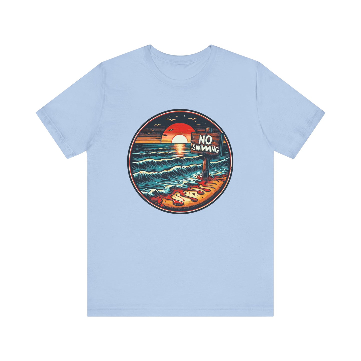 No Swimming Bloody Water Beach Unisex Jersey Short Sleeve T-Shirt Horror Ocean Shark