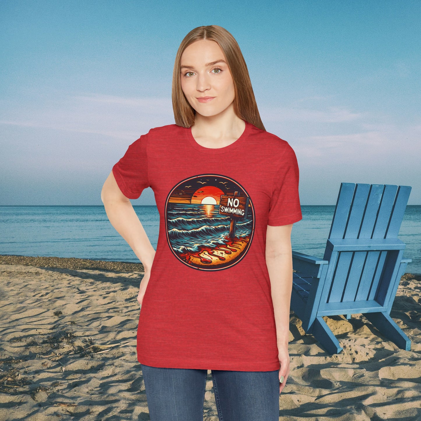 No Swimming Bloody Water Beach Unisex Jersey Short Sleeve T-Shirt Horror Ocean Shark