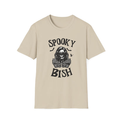 Spooky Bish Skeleton Sunglasses Giving Middle Fingers Gothic Horror Fun Unisex Softstyle T-Shirt