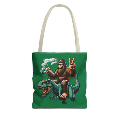 Tote Bag - Bigfoot Riding a T Rex Peace Sign 420 Design